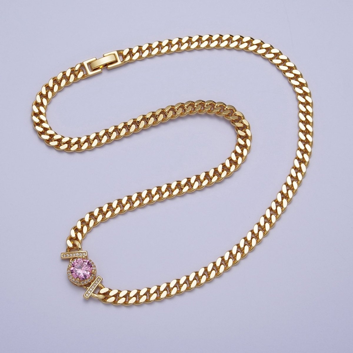 Micro Paved Round Cubic Zirconia Stones Gold Cuban Curb Chain Necklace | WA-1098 - WA-1104 Clearance Pricing - DLUXCA