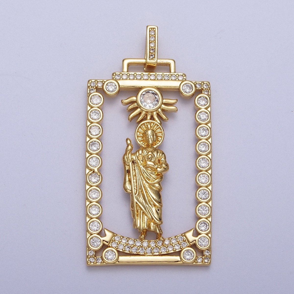 Micro Paved Saint Jude Religious Open Rectangular Gold Pendant H-811 - DLUXCA