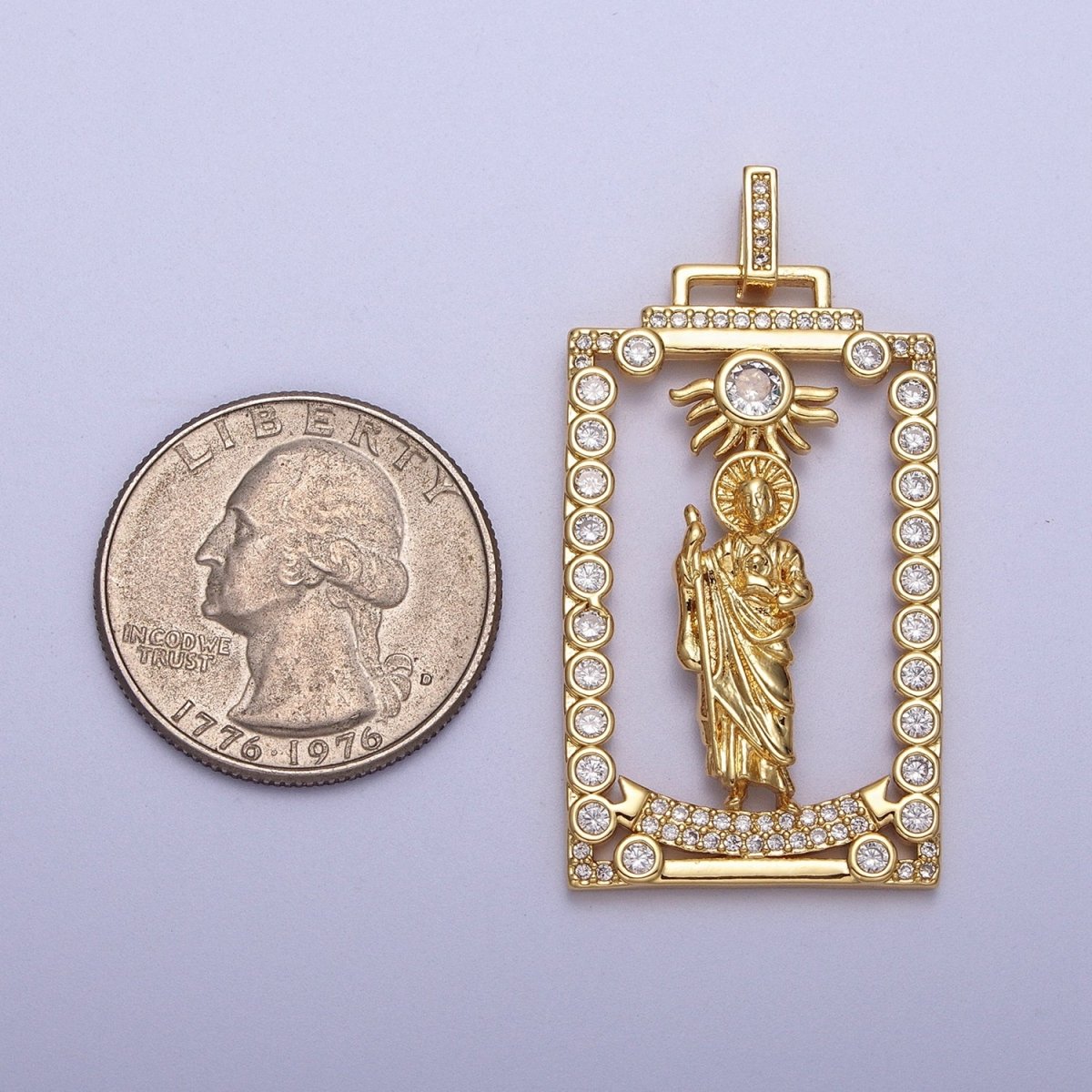 Micro Paved Saint Jude Religious Open Rectangular Gold Pendant H-811 - DLUXCA