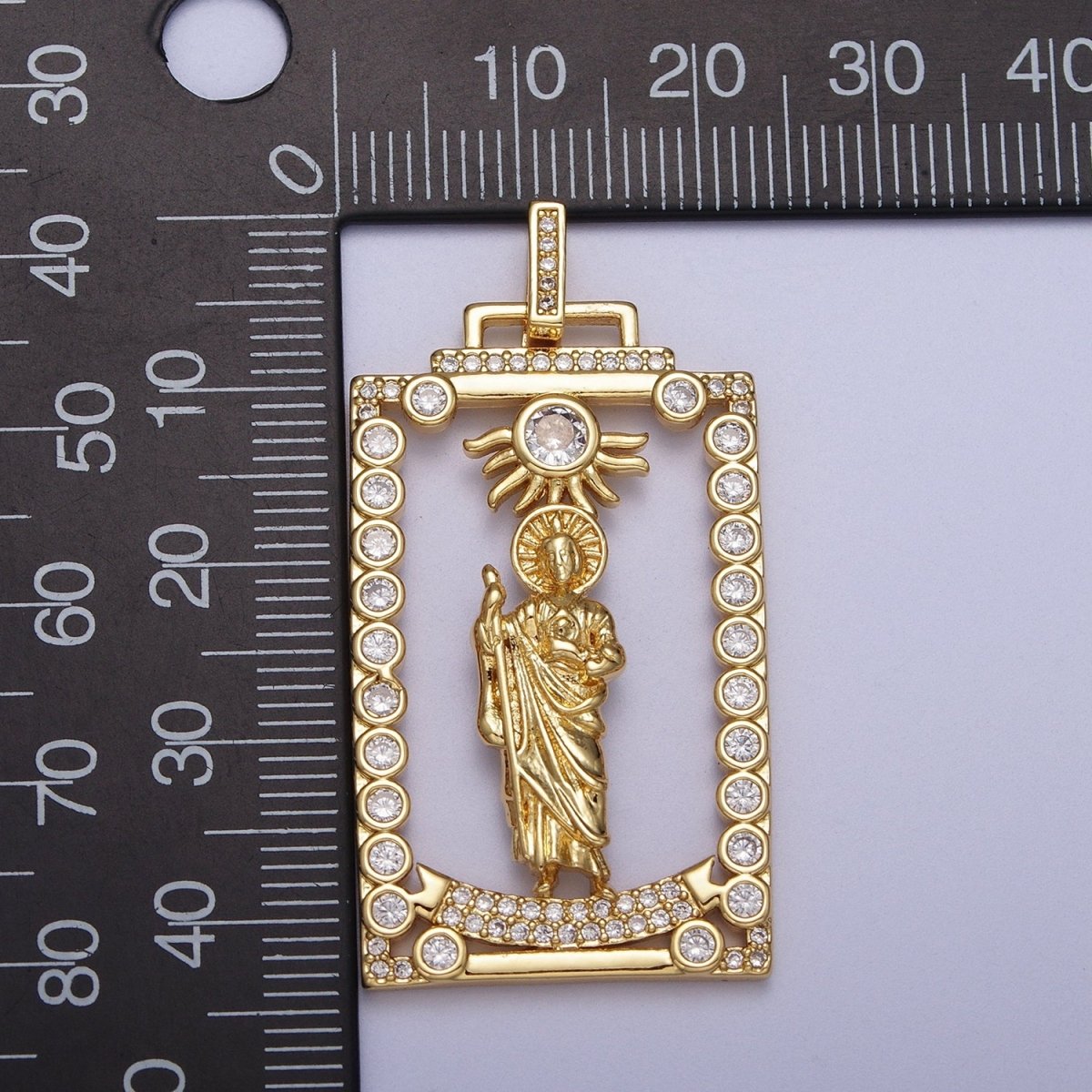 Micro Paved Saint Jude Religious Open Rectangular Gold Pendant H-811 - DLUXCA