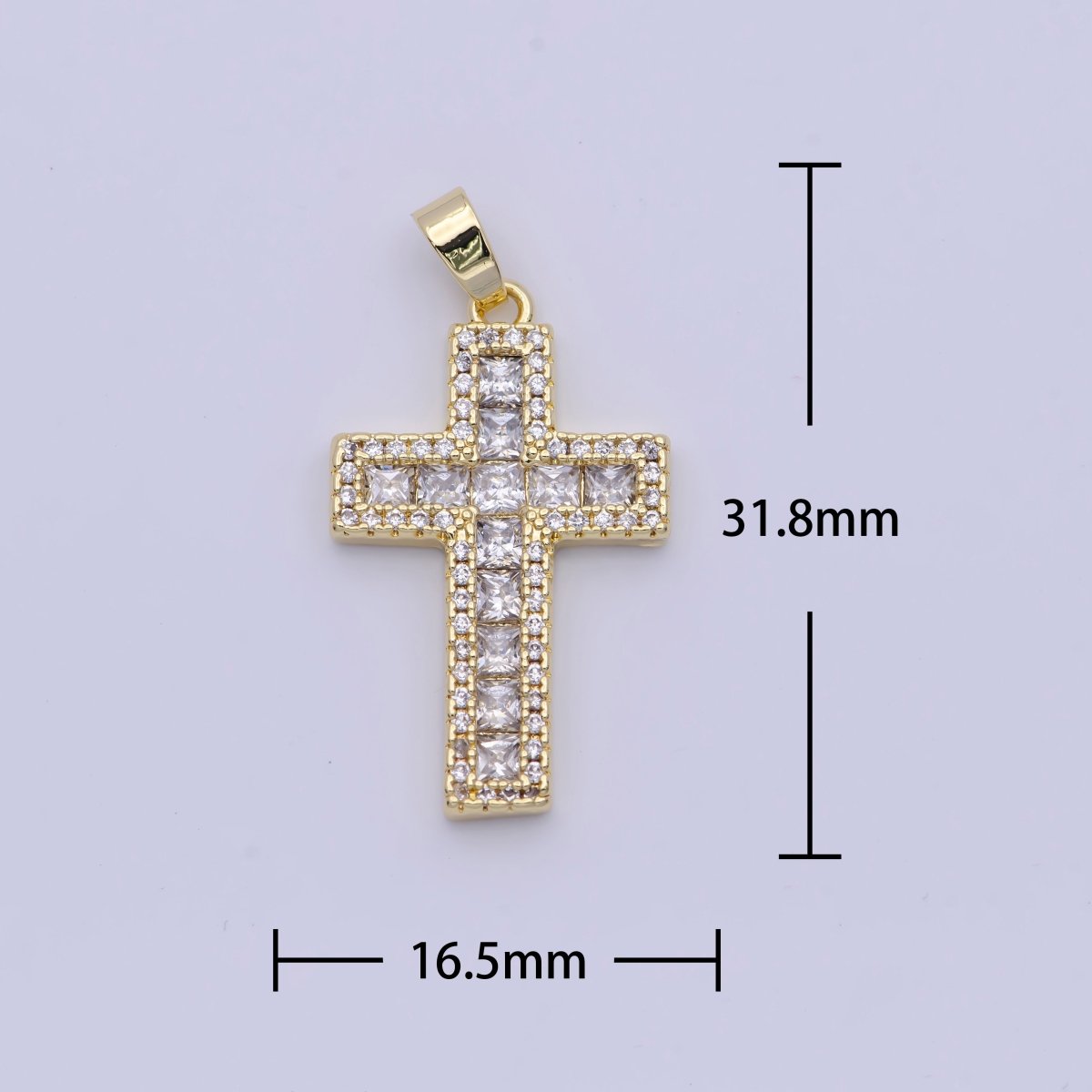 Micro Paved Square Cubic Zirconia Gold Religious Cross Pendant | X-497 - DLUXCA