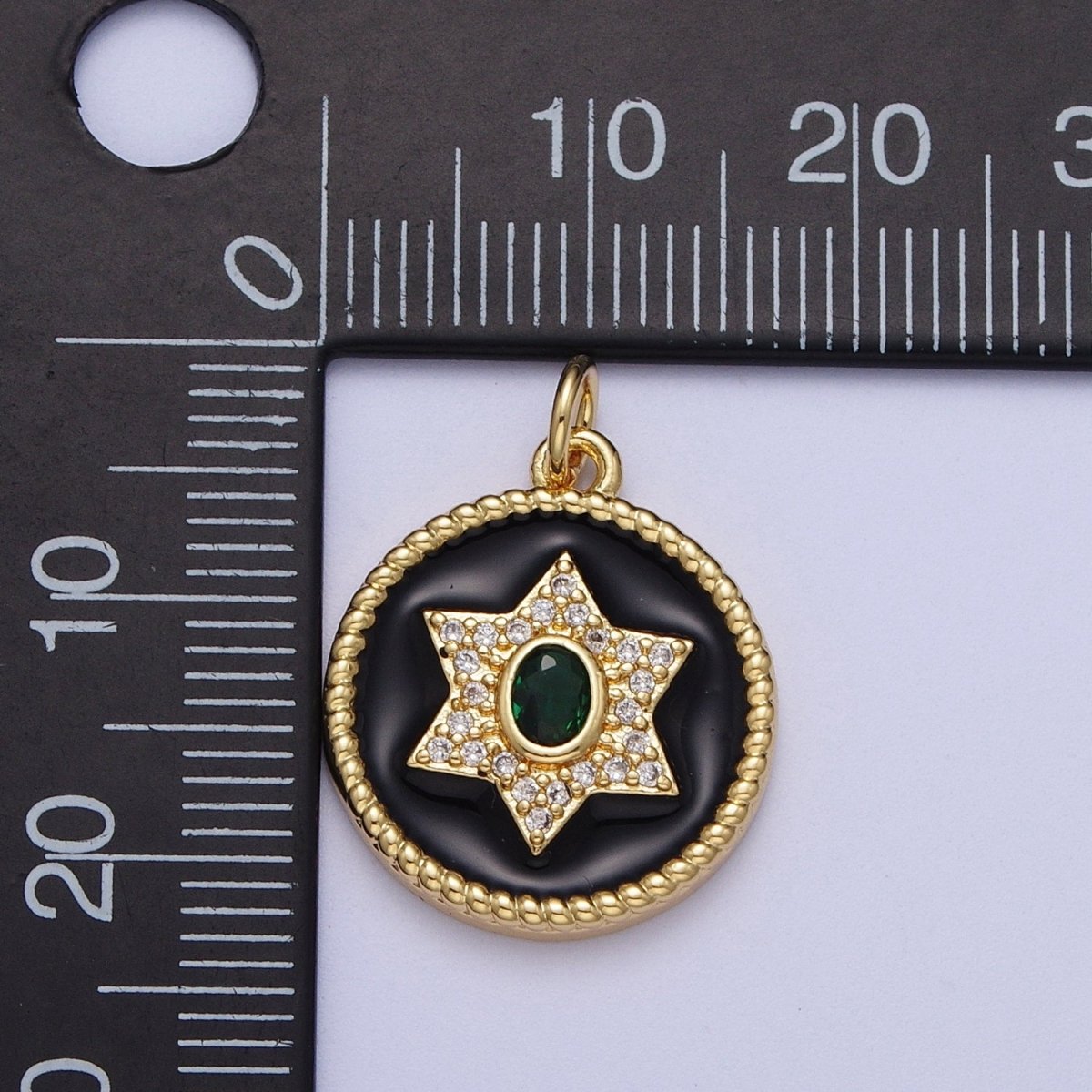 Micro Paved Star Black Enamel Round Coin Medallion Gold Charm | X-725 - DLUXCA