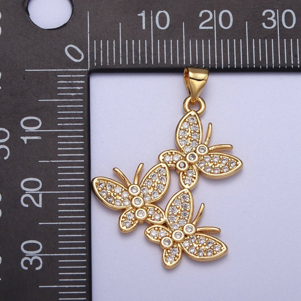 Micro Paved Three Butterfly Mariposa Gold Pendant H-812 - DLUXCA