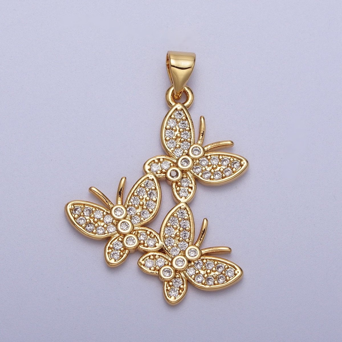 Micro Paved Three Butterfly Mariposa Gold Pendant H-812 - DLUXCA