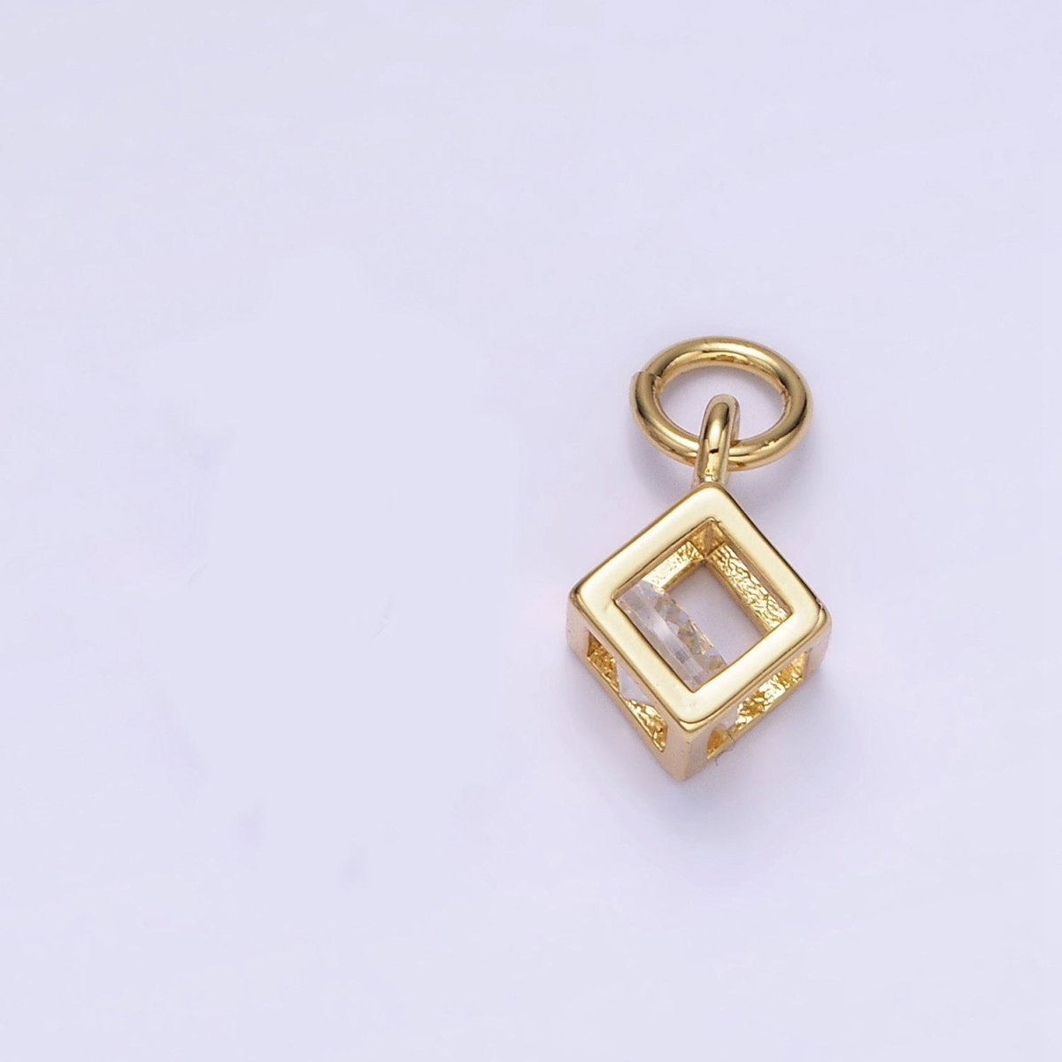 Mini 14K Gold Filled Cube Charm Geometric Pendant with Clear Cz Stone | W508 - DLUXCA