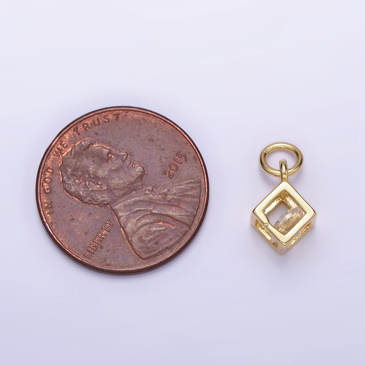 Mini 14K Gold Filled Cube Charm Geometric Pendant with Clear Cz Stone | W508 - DLUXCA