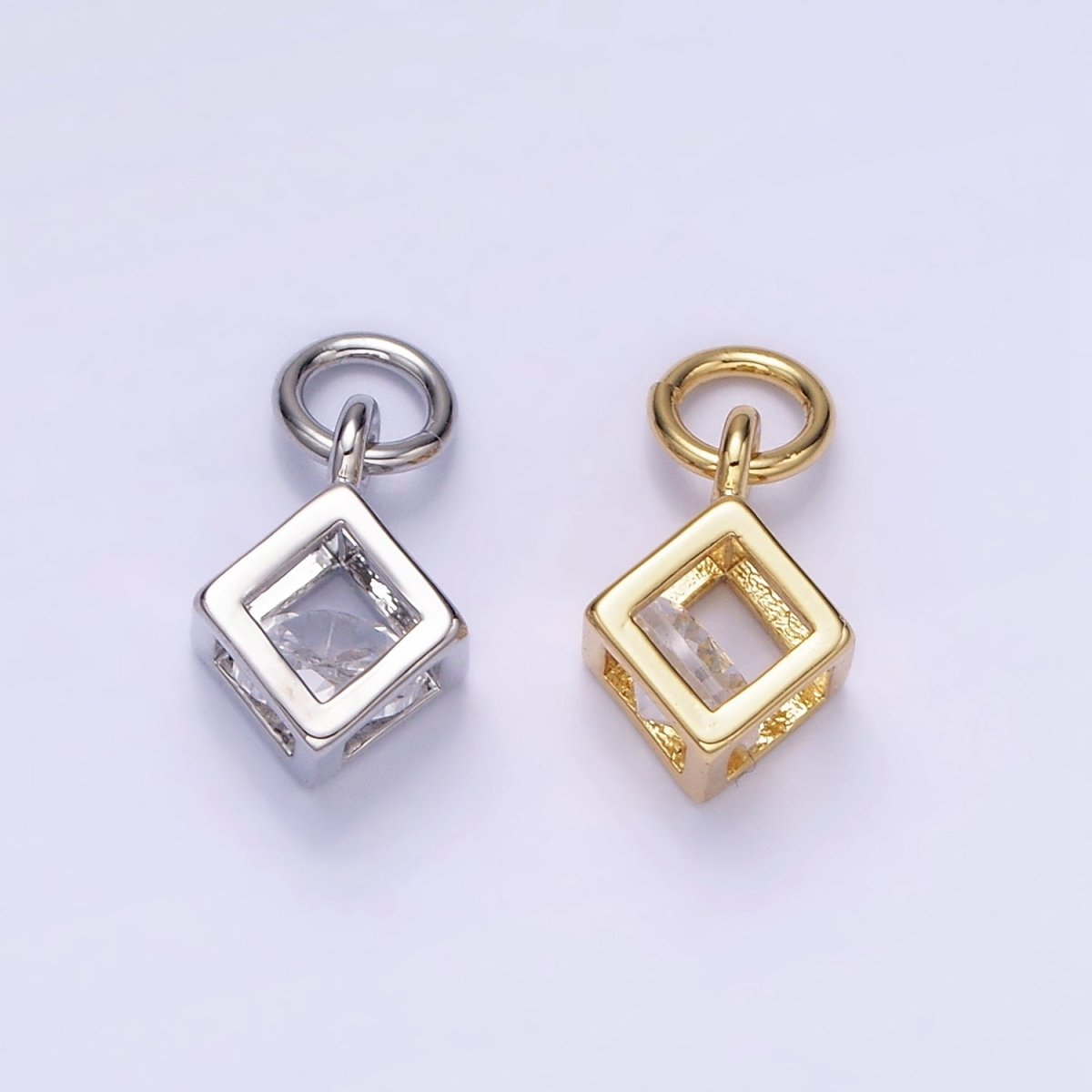 Mini 14K Gold Filled Cube Charm Geometric Pendant with Clear Cz Stone | W508 - DLUXCA