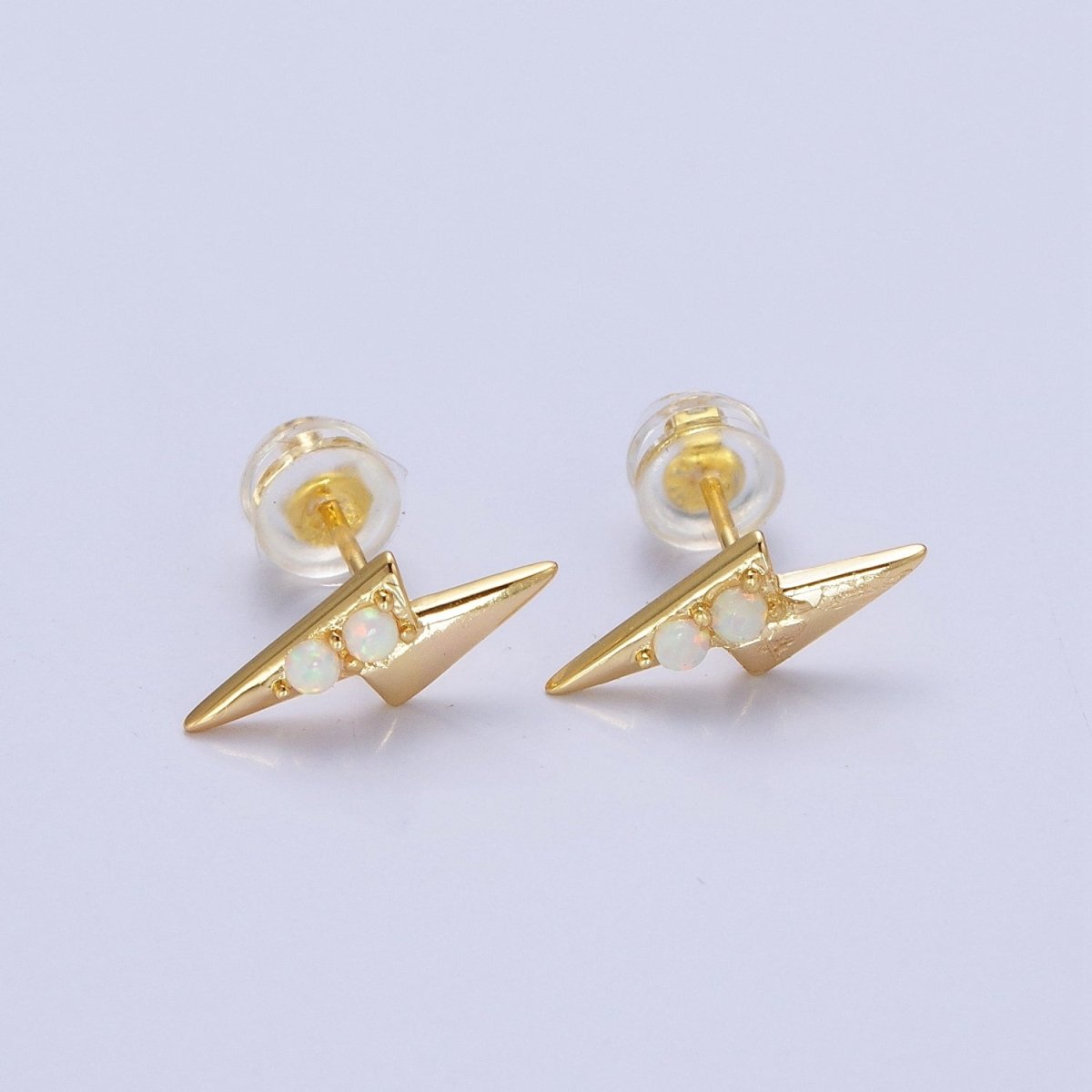 Mini 14K Gold Filled Lightning Bolt Round White Opal Stud Earrings | Y-091 - DLUXCA