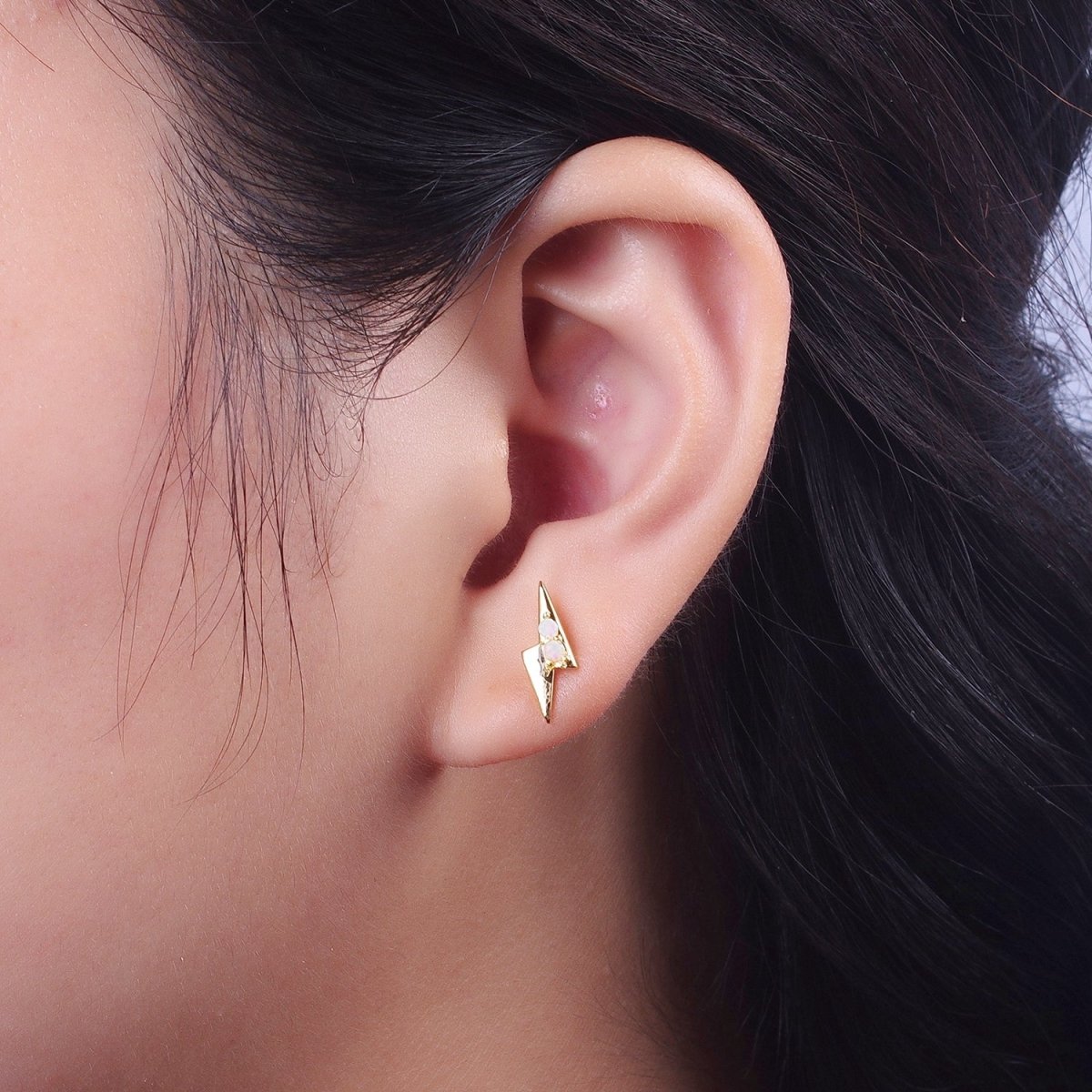 Mini 14K Gold Filled Lightning Bolt Round White Opal Stud Earrings | Y-091 - DLUXCA