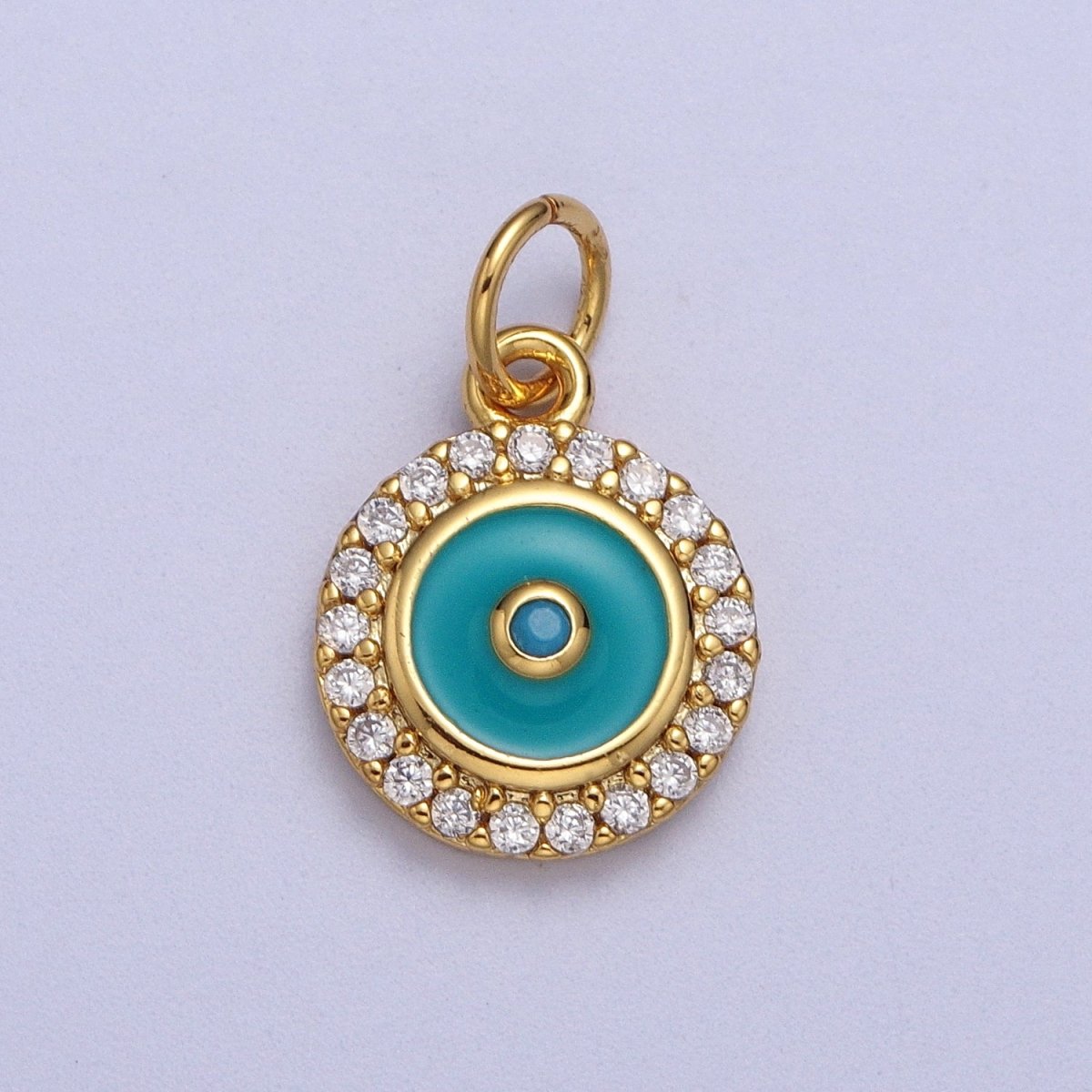 Mini 18K Gold Filled Round Evil Eye Pendant Teal Evil Eye Charm with Cubic Zirconia Stone AC555 AC556 - DLUXCA