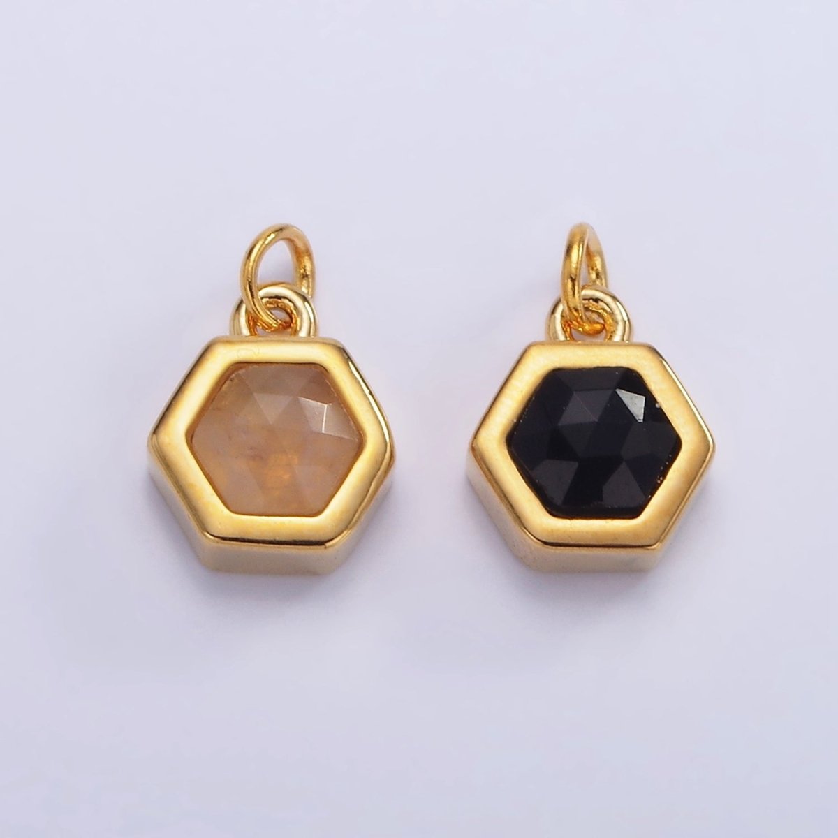 Mini 24K Gold Filled Hexagon Charm with Black / Peach Cubic Zirconia | AG-684 - DLUXCA