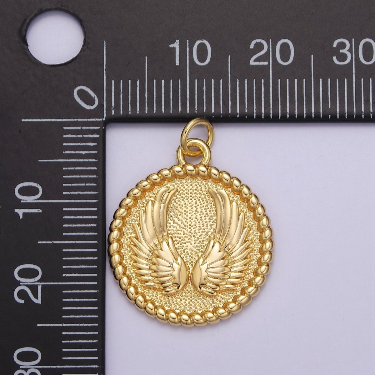 Mini Angel Wing Charm Round Gold Filled Disc Charm E-713 - DLUXCA