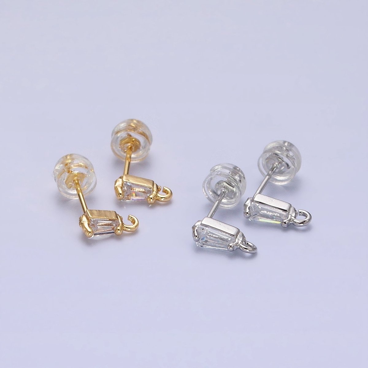 Mini Baguette Cut CZ Diamond Stud Earring Gold Earring Post with Open Link for Earring Supply Z-180 Z-181 - DLUXCA