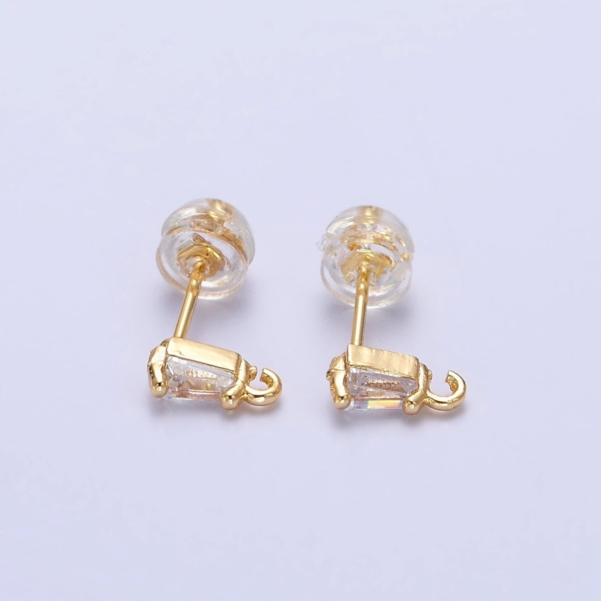 Mini Baguette Cut CZ Diamond Stud Earring Gold Earring Post with Open Link for Earring Supply Z-180 Z-181 - DLUXCA