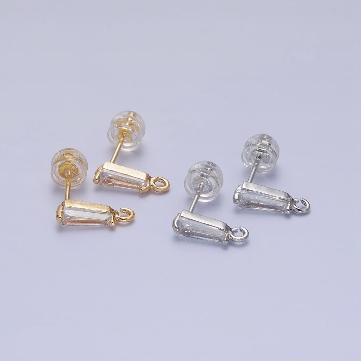 Mini Baguette Cut CZ Diamond Stud Earring Gold Earring Post with Open Link for Earring Supply Z-184 Z-185 - DLUXCA