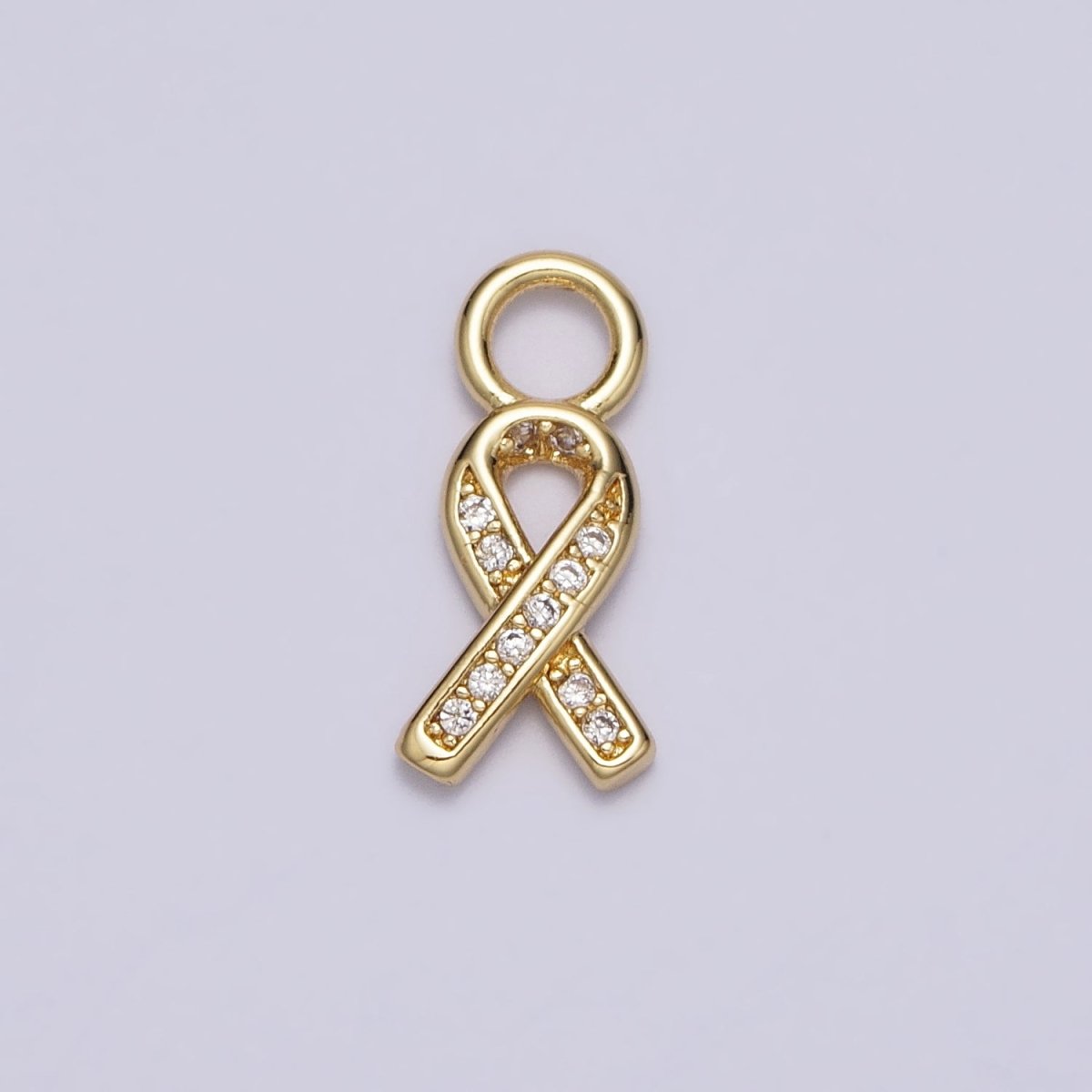 Mini Breast Cancer Awareness Ribbon Clear Micro Paved CZ Gold Charm | AC-242 - DLUXCA