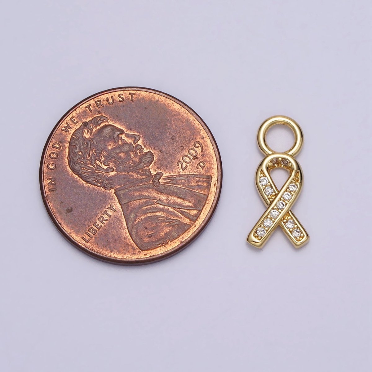 Mini Breast Cancer Awareness Ribbon Clear Micro Paved CZ Gold Charm | AC-242 - DLUXCA