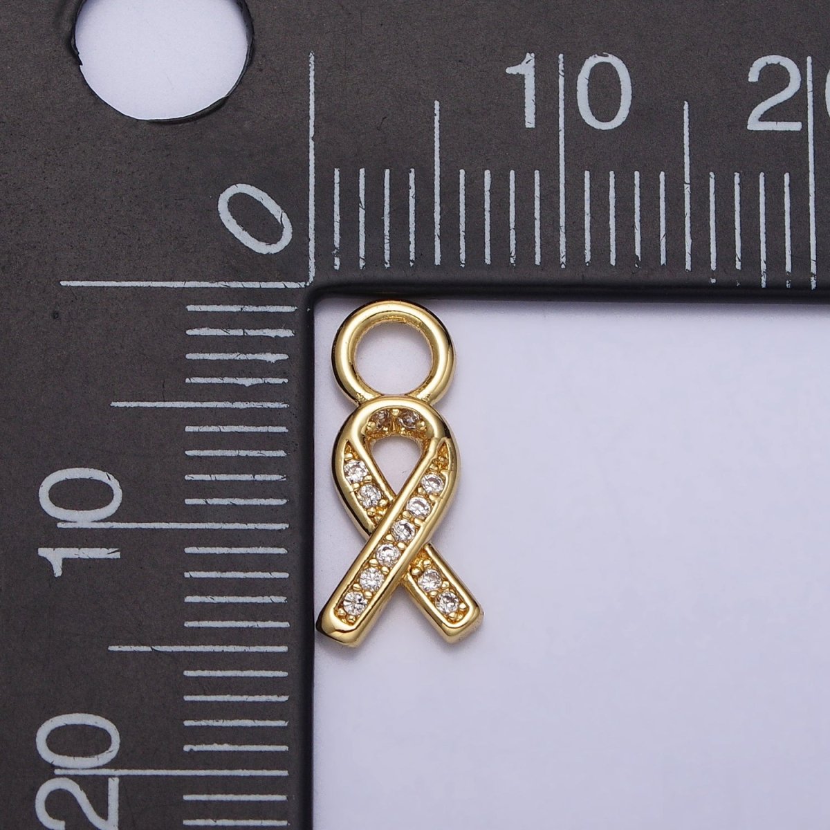 Mini Breast Cancer Awareness Ribbon Clear Micro Paved CZ Gold Charm | AC-242 - DLUXCA