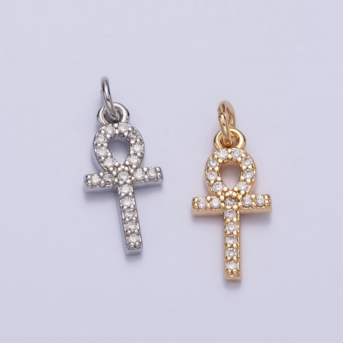 Mini Clear Micro Paved CZ Ankh Cross Charm in Gold & Silver | AC226 AC301 - DLUXCA