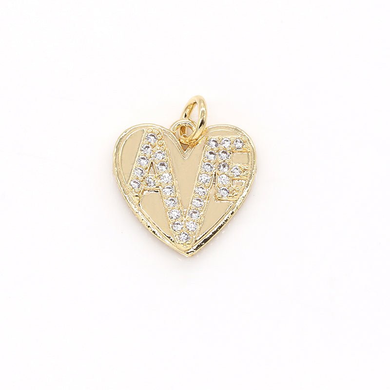 Mini Crystals on Golden Heart Coin Charm CZ Lover Zirconia Writing Heart Charm Pendant GP-713 - DLUXCA