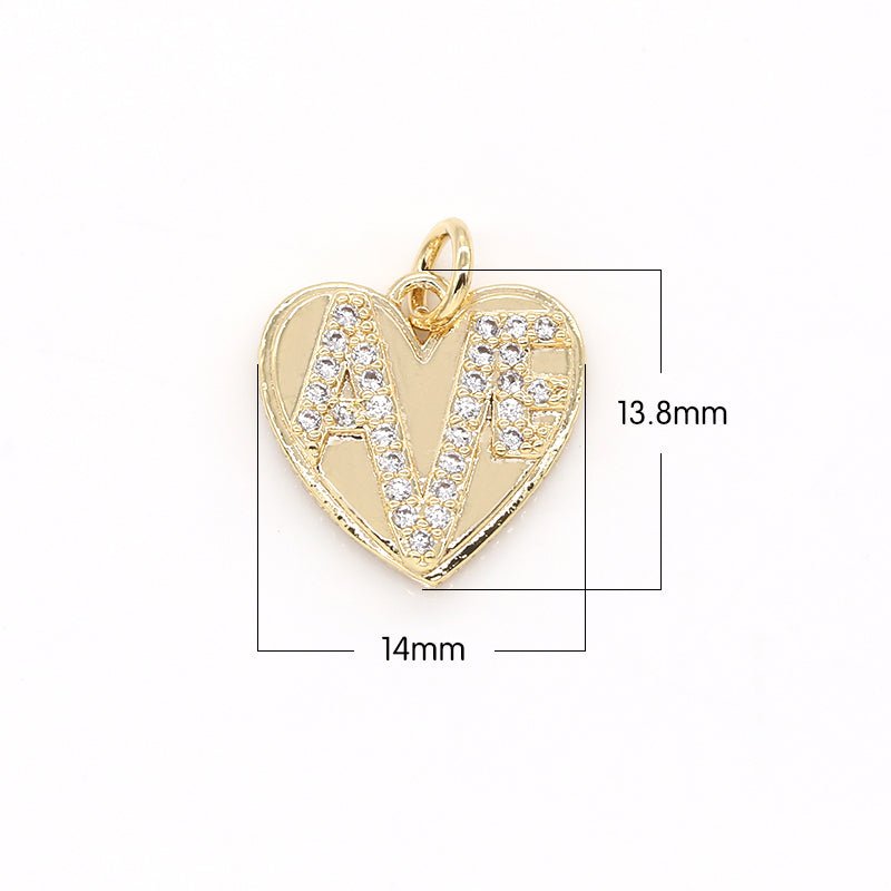 Mini Crystals on Golden Heart Coin Charm CZ Lover Zirconia Writing Heart Charm Pendant GP-713 - DLUXCA