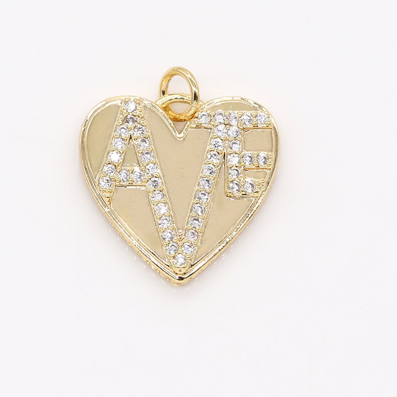 Mini Crystals on Golden Heart Coin Charm CZ Lover Zirconia Writing Heart Charm Pendant GP-714 - DLUXCA