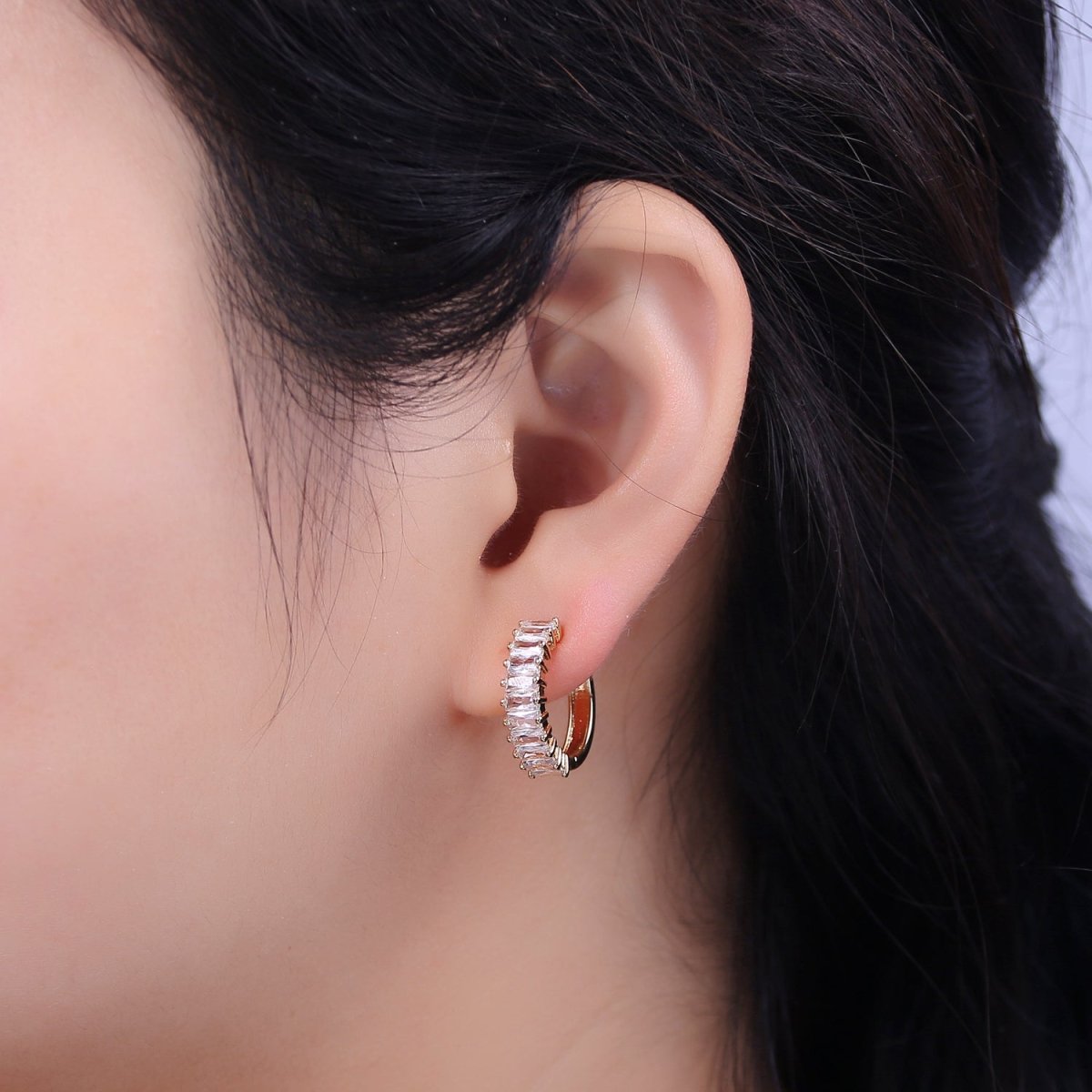 Mini Cz Hoop Earring, Baguette Hoop Earrings, 18k Gold Filled Baguette Huggies Small Hoop T-273 Y-035 - DLUXCA