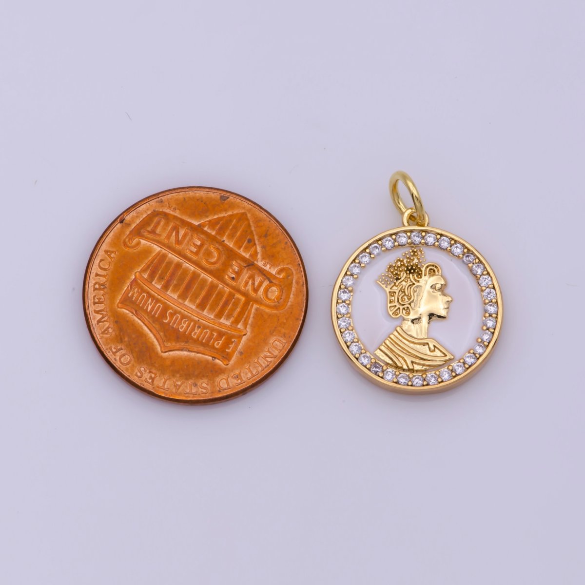 Mini English Queen Elizabeth coin medal 18k Gold Filled coin Charm Micro Pave Enamel White Charm N-199 - DLUXCA
