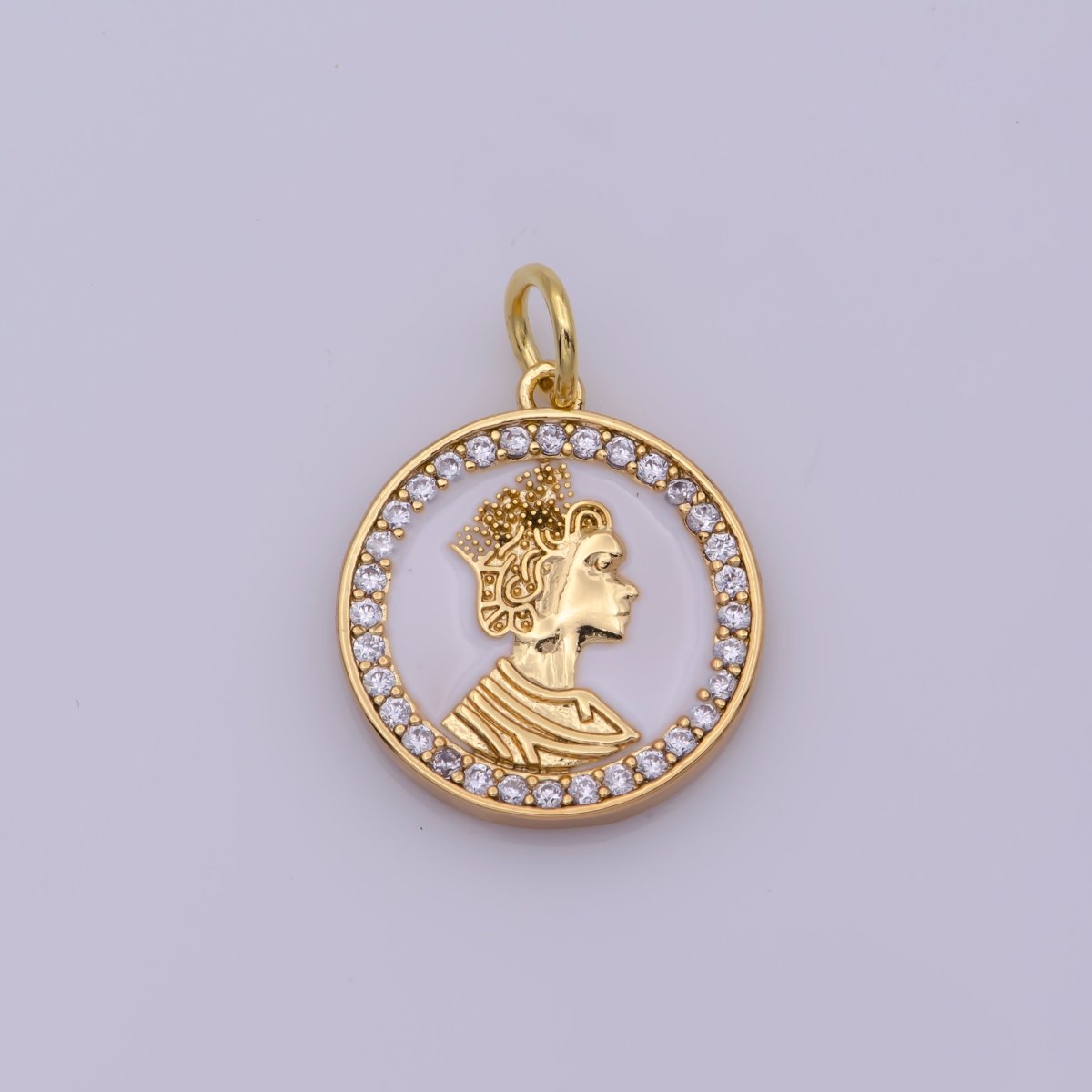 Mini English Queen Elizabeth coin medal 18k Gold Filled coin Charm Micro Pave Enamel White Charm N-199 - DLUXCA