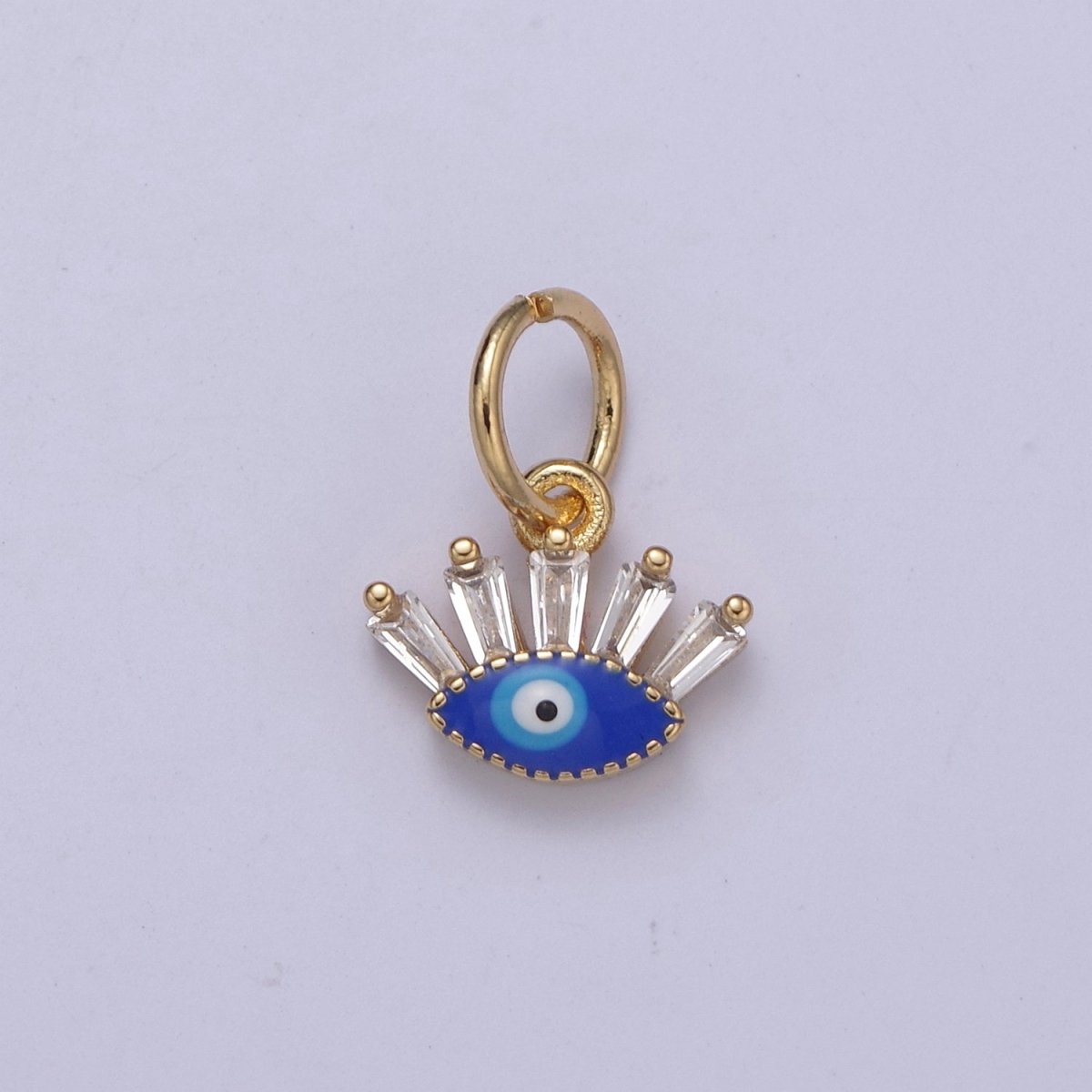 Mini Evil Eye Charm with Baguette CZ 24k Gold Filled eye Charm, Zircon Tiny Amulet Charm, Religious Bracelet Necklace Earring add on Charm Blue Red Enamel C-445 - DLUXCA