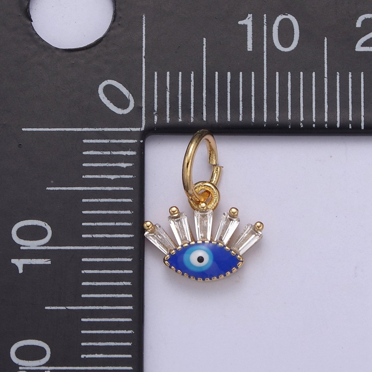 Mini Evil Eye Charm with Baguette CZ 24k Gold Filled eye Charm, Zircon Tiny Amulet Charm, Religious Bracelet Necklace Earring add on Charm Blue Red Enamel C-445 - DLUXCA