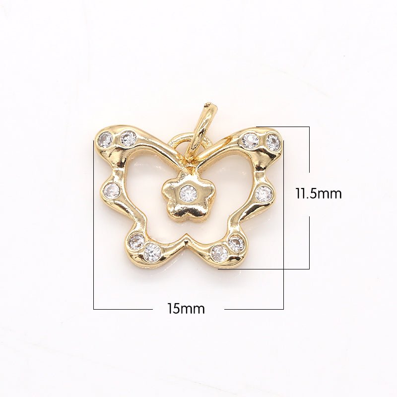 Mini Flower in Golden Butterfly Charm CZ Tiny Floral Plant Mariposa Animal Nature Charm Pendant GP-555 - DLUXCA