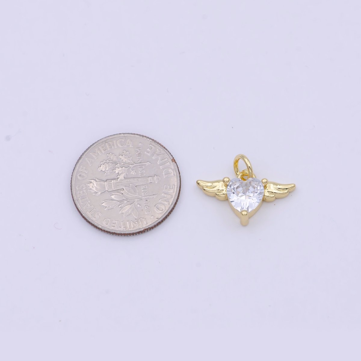 Mini Gold Angel Wing with Cubic Heart Charm W-163 - DLUXCA