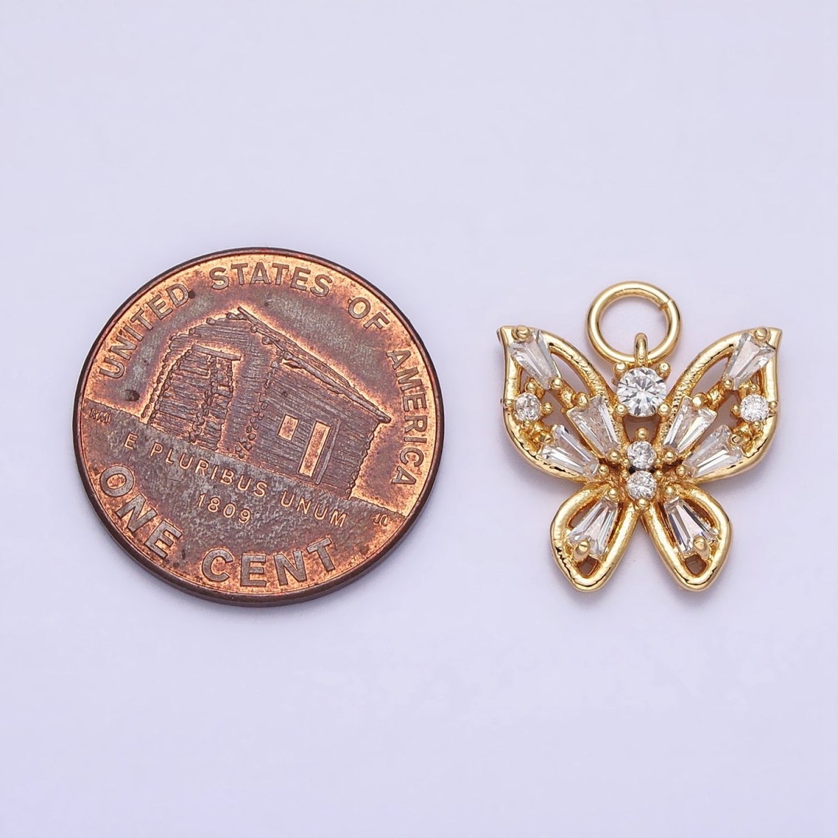 Mini Gold Butterfly Charm with CZ Baguette Stone Mariposa Animal Cubic Zirconia Pendant AC512 AC513 - DLUXCA