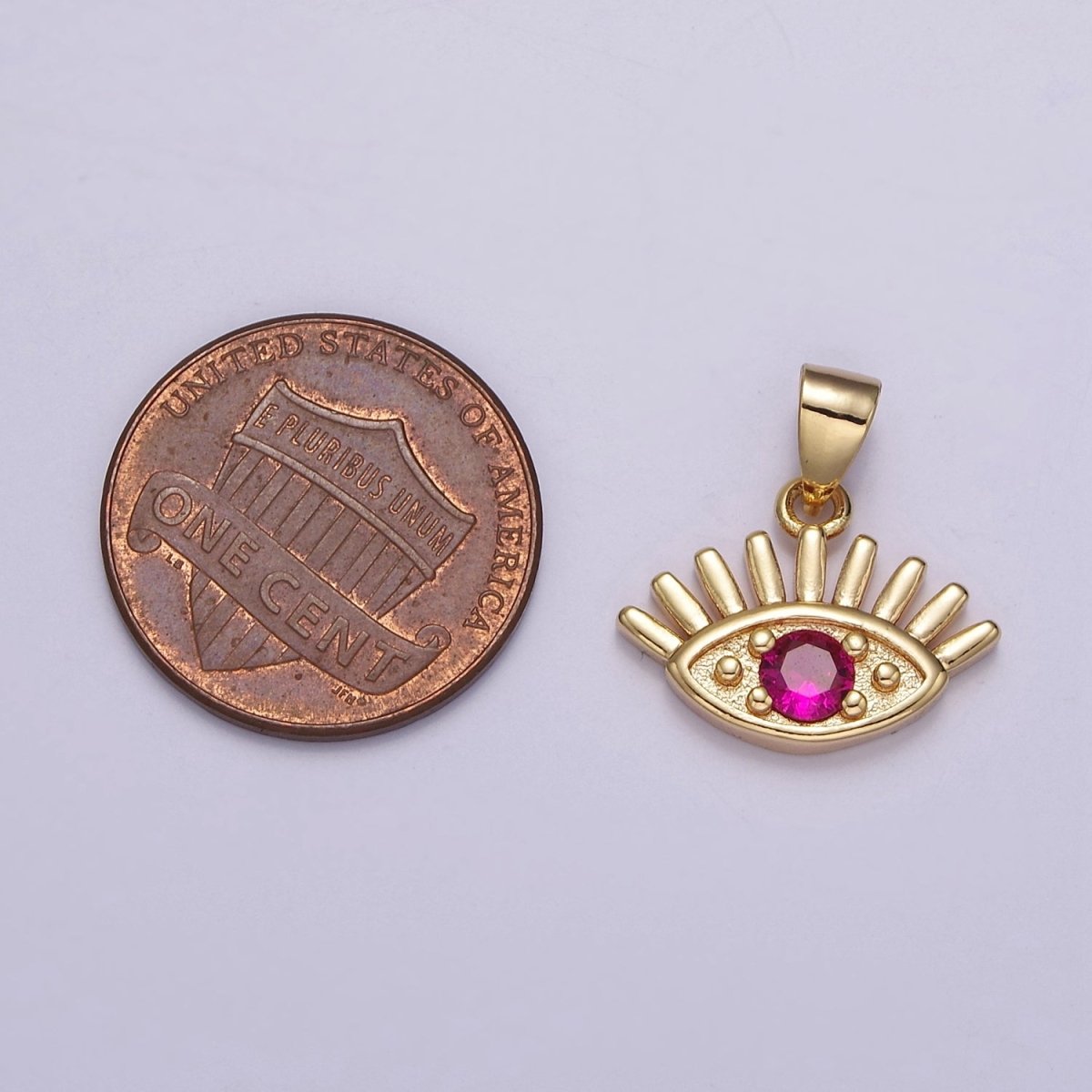 Mini Gold Evil Eye Pendant Fuschia Pink CZ Stone Eye Charm J-403 - DLUXCA