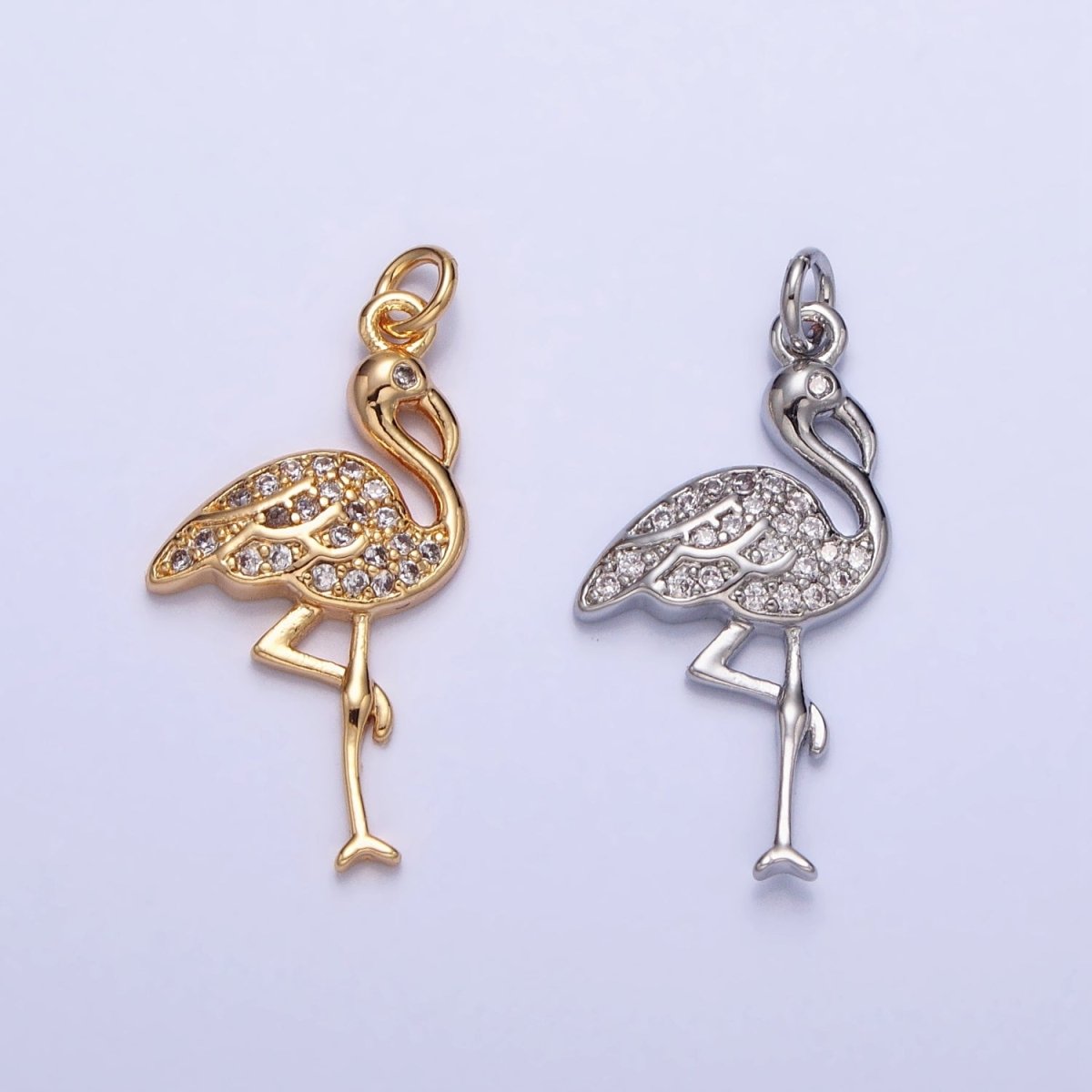 Mini Gold Flamingo Charm Silver Micro Pave Bird Zoo Pendant AC731 AC732 - DLUXCA