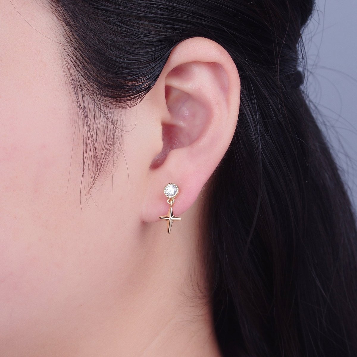 Mini Gold North Star Stud Earring Dangle Celestial Jewelry T-470 - DLUXCA