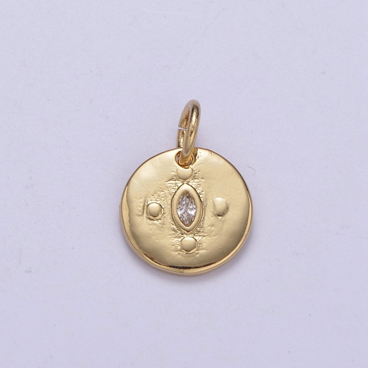 Mini Gold Round Coin Charm with Clear Eye Cz Stone C-578 - DLUXCA