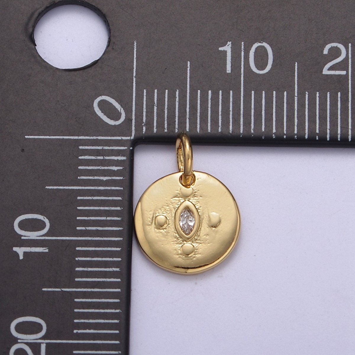 Mini Gold Round Coin Charm with Clear Eye Cz Stone C-578 - DLUXCA