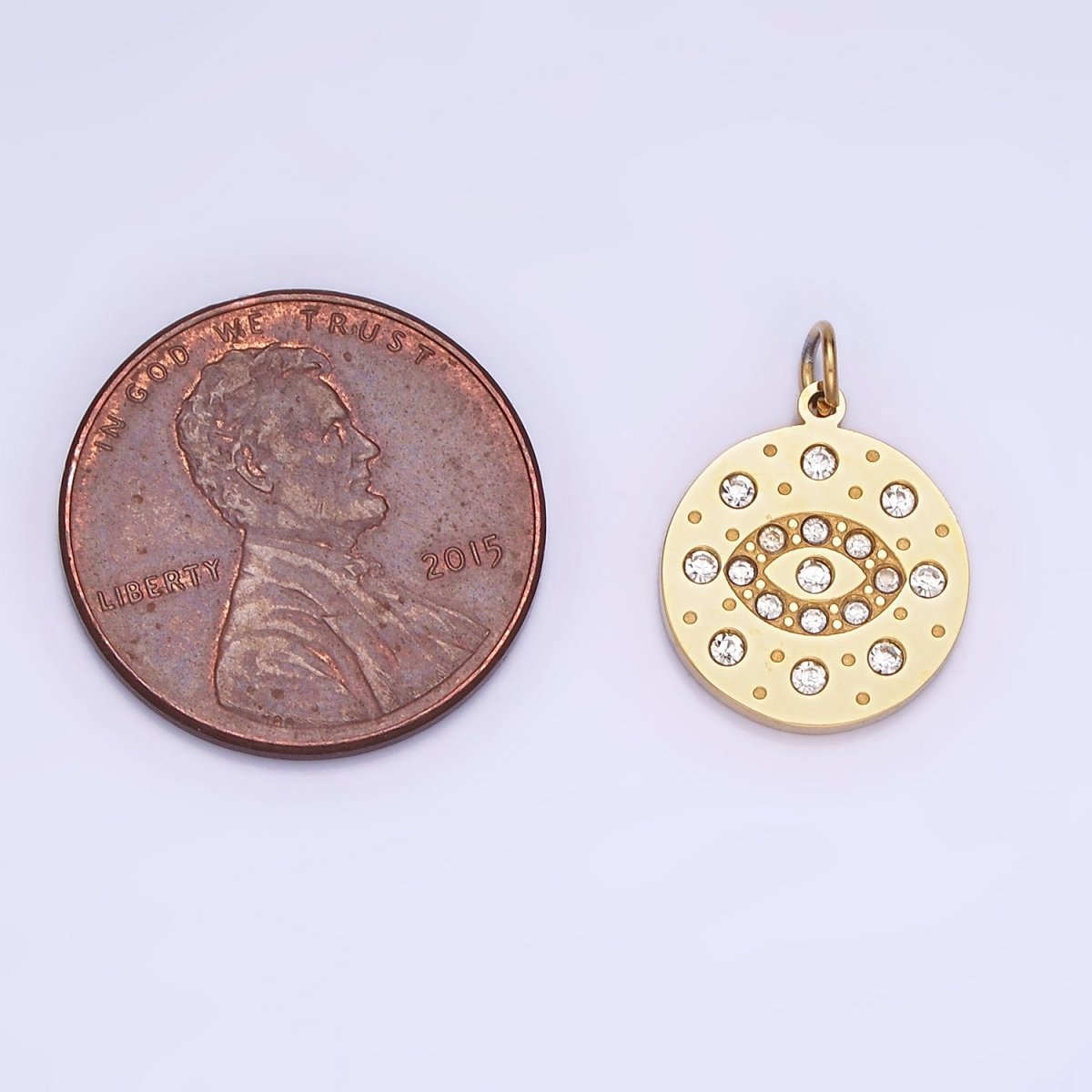 Mini Gold Stainless Steel Evil Eye Charm Round Coin Crystal Pendant | P1407 - DLUXCA