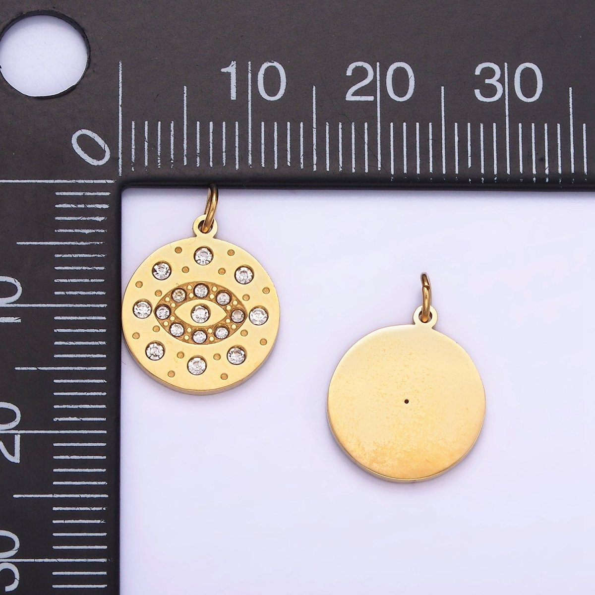 Mini Gold Stainless Steel Evil Eye Charm Round Coin Crystal Pendant | P1407 - DLUXCA