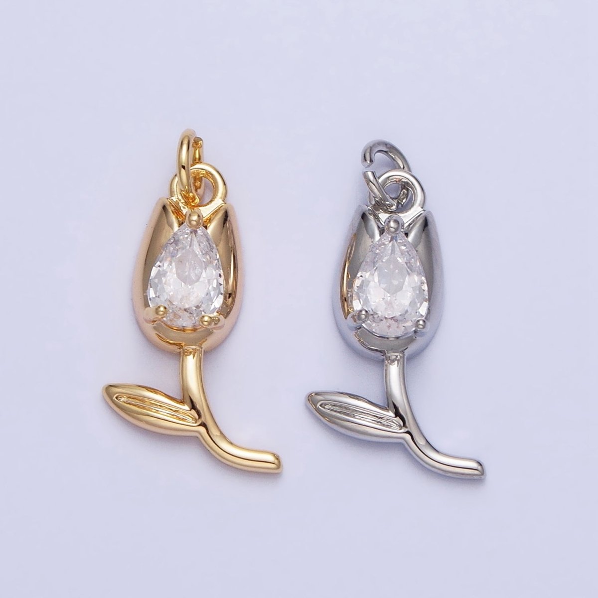 Mini Gold Tulip Charm CZ Silver Tulips Flower Buds Pendant AC777 AC778 - DLUXCA