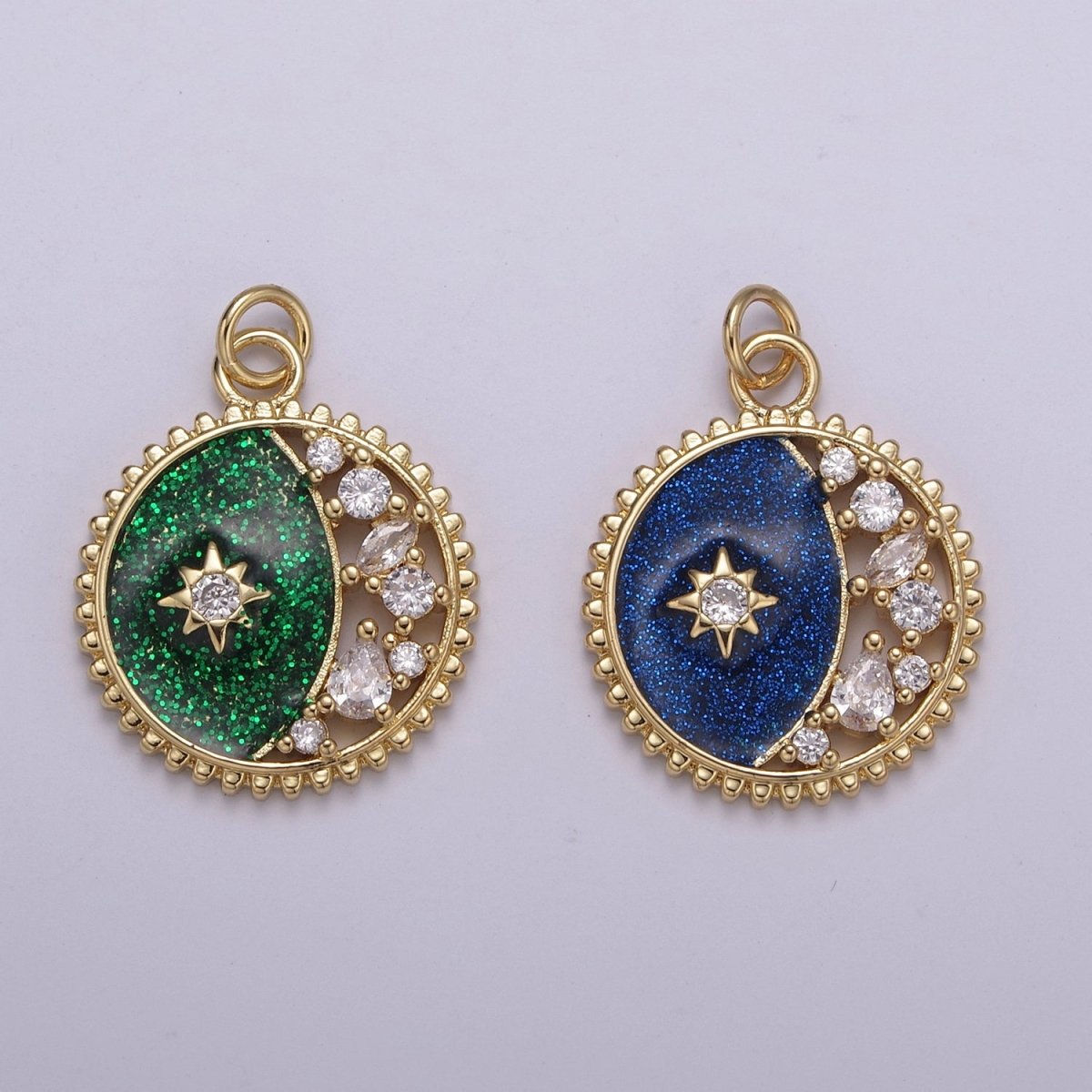 Mini Green Blue Celestial Charm Glitter Star Charm with Micro Pave Coin Cz Moon Charms Jewelry Supplies N-211 N-212 - DLUXCA