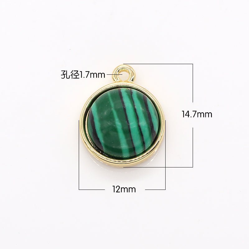 Mini Green Natural Stone Charm, Gold Plated Tiny Geometric Circle Round Charm Pendant GP-518 - DLUXCA