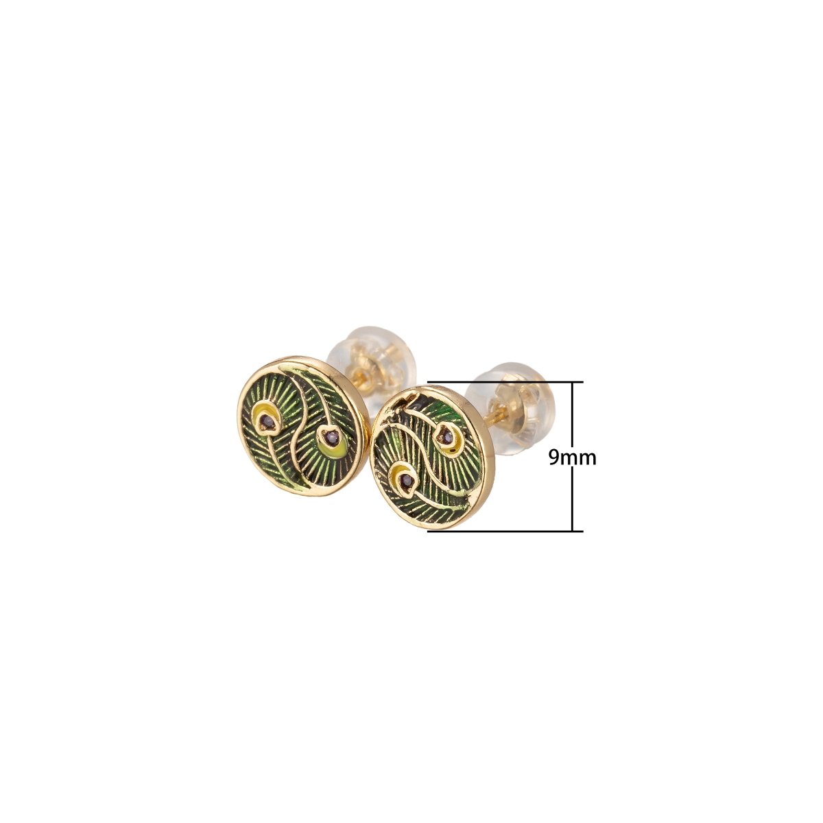 Mini Green Peacock Feather Stud Earring Cartilage Earring, Gold Round stud, dainty gold Animal earring Pushback stud - DLUXCA
