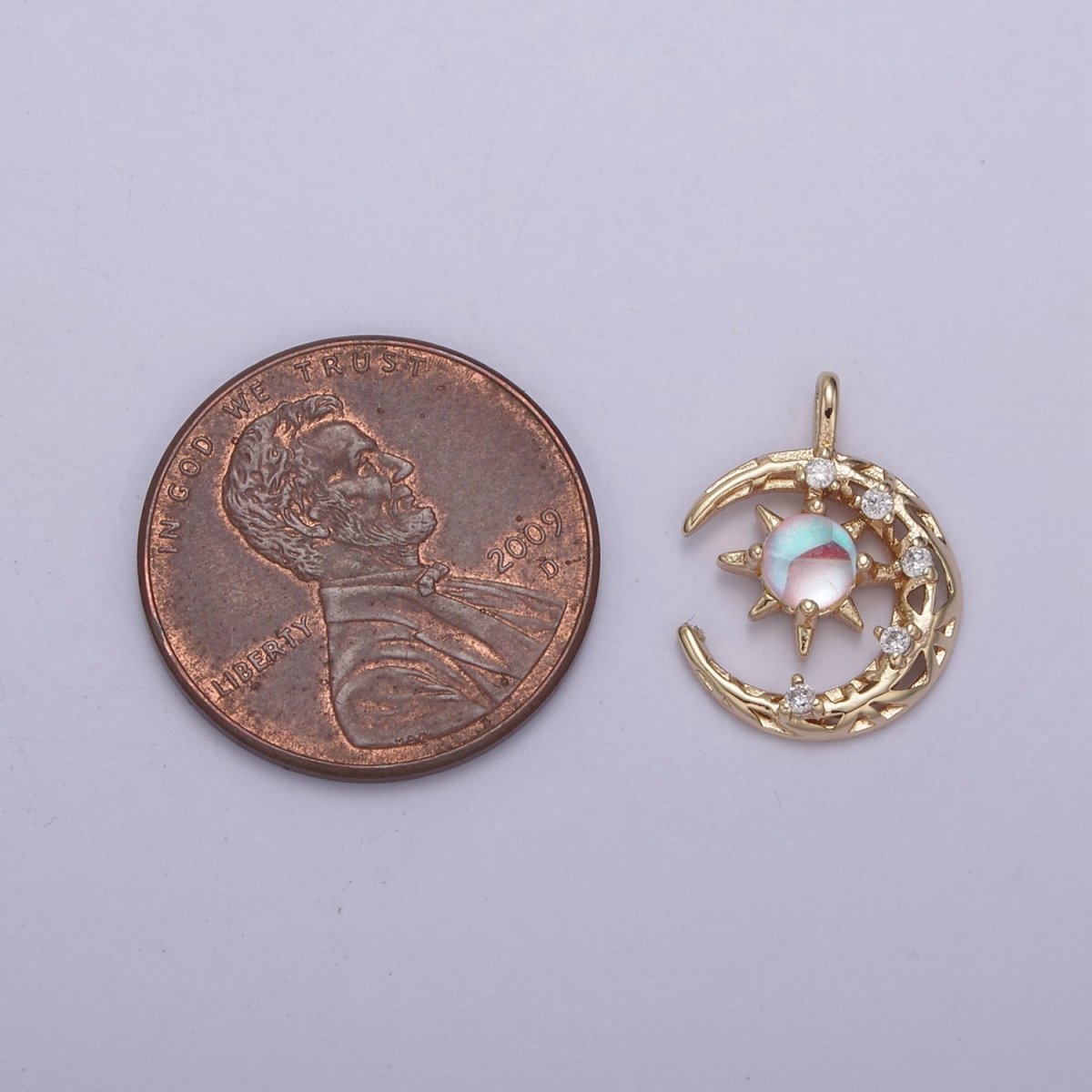 Mini Micro Pave Rainbow Moonstone Crescent Moon Pendant in 14k Gold Filled Celestial Jewelry June Birthstone N-704 - DLUXCA