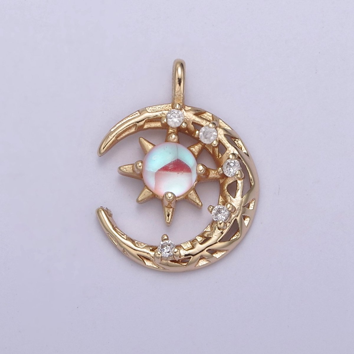 Mini Micro Pave Rainbow Moonstone Crescent Moon Pendant in 14k Gold Filled Celestial Jewelry June Birthstone N-704 - DLUXCA