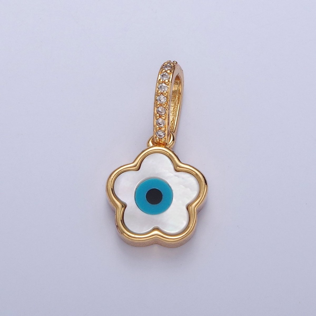 Mini Mother of Pearl Flower Necklace Pendant Floral Evil Eye Charm Micro Pave Religious Jewelry J-624 - DLUXCA