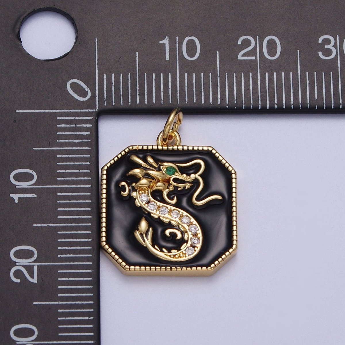Mini Octagonal Black Enamel Micro Paved CZ Green Eyed Chinese Dragon Tag Charm in Gold & Silver | A-170 C-128 - DLUXCA