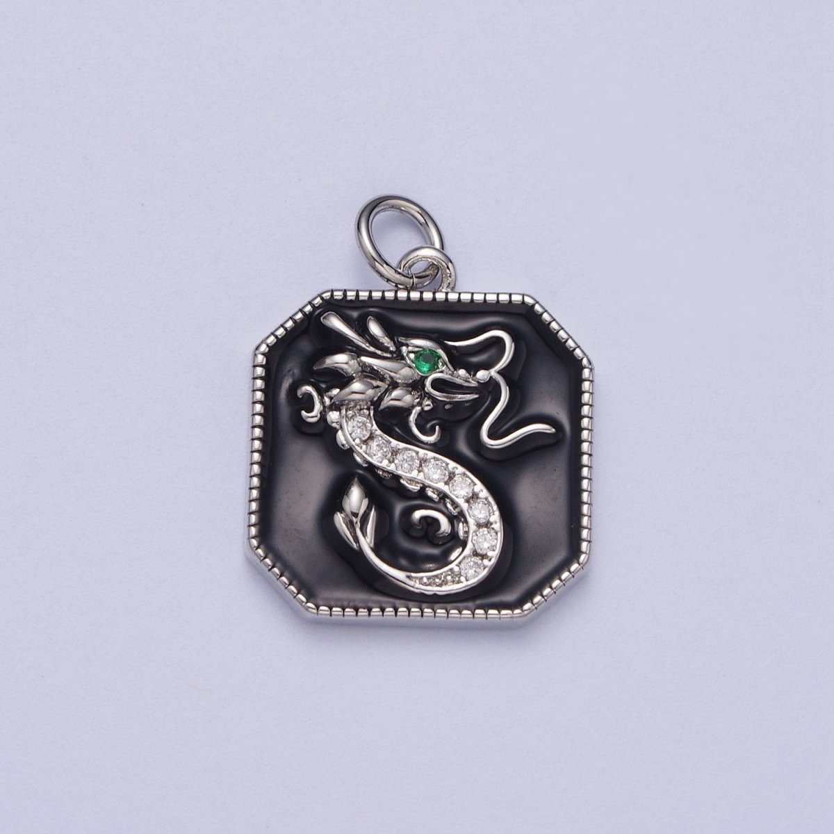 Mini Octagonal Black Enamel Micro Paved CZ Green Eyed Chinese Dragon Tag Charm in Gold & Silver | A-170 C-128 - DLUXCA